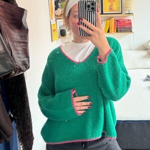 Green V-Neck Sweater with Pink Trim